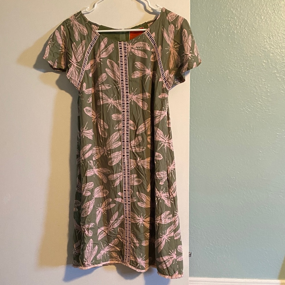 Green and Pink Dragonfly Print Dress